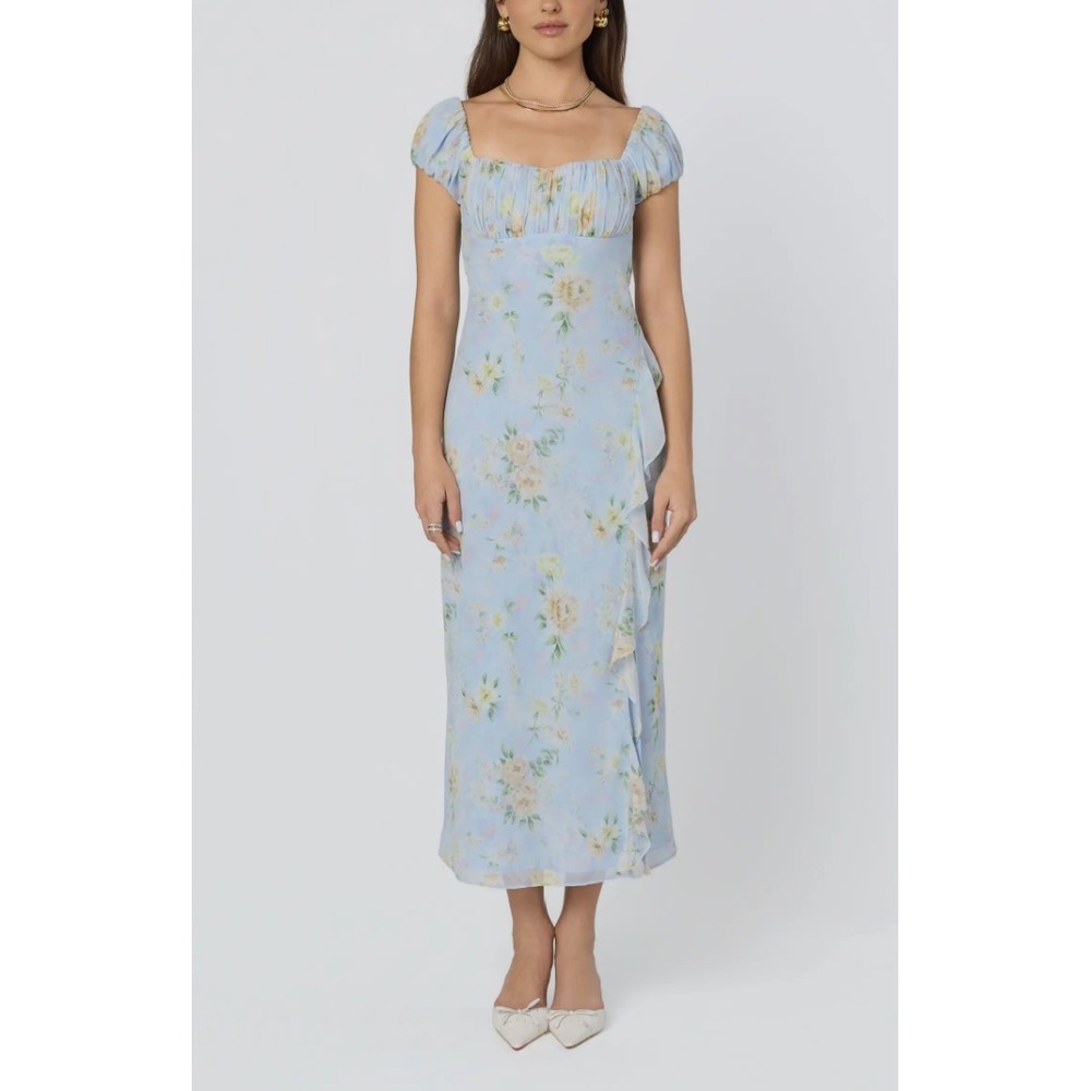 New ASTR The Label Florence Floral Puff Sleeve Maxi Dress Blue Multi Floral XL